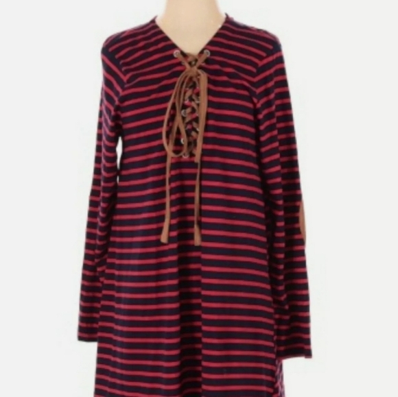 Umgee Knit Dress Small Red Blue Stripes Elbow Pads Business Casual - Picture 4 of 5